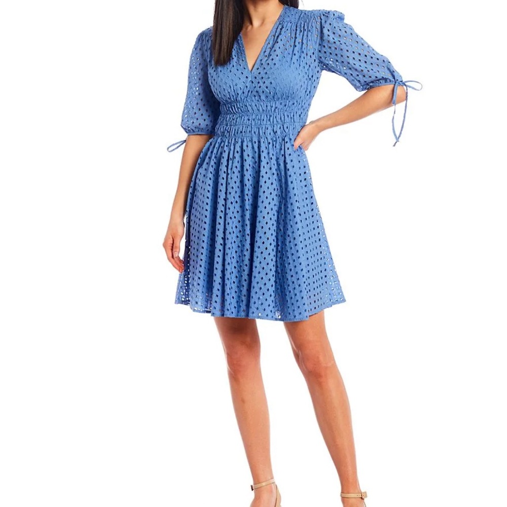 Just Taylor Cotton Eyelet V-Neck Short Tie Sleeve Smock Waist Dress